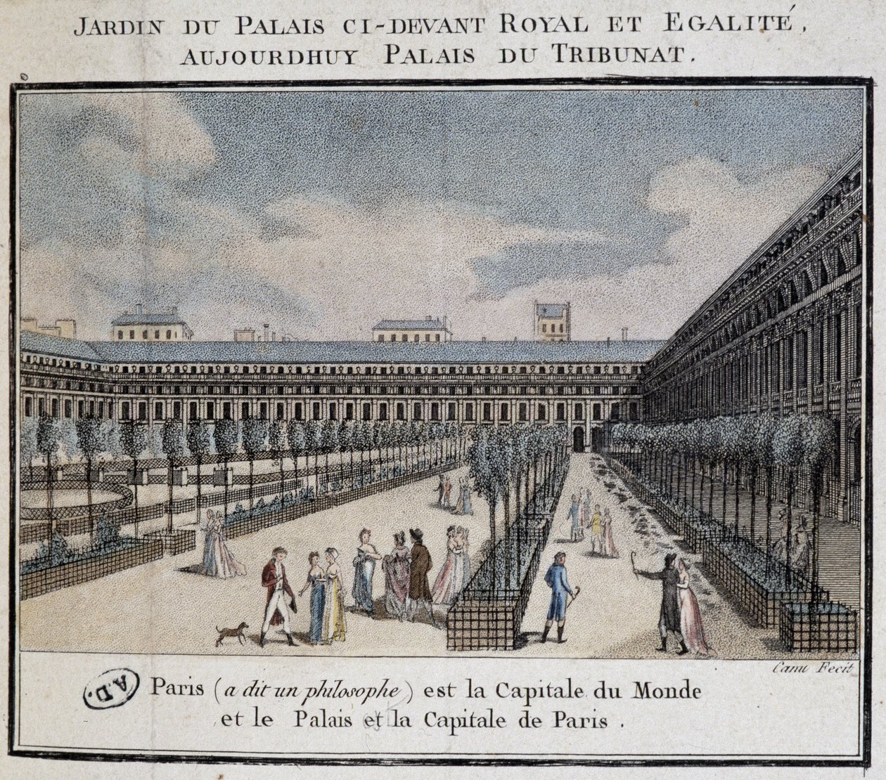 Vista del Palacio Real (Palais du Tribunat) con jardín y paseantes de French School