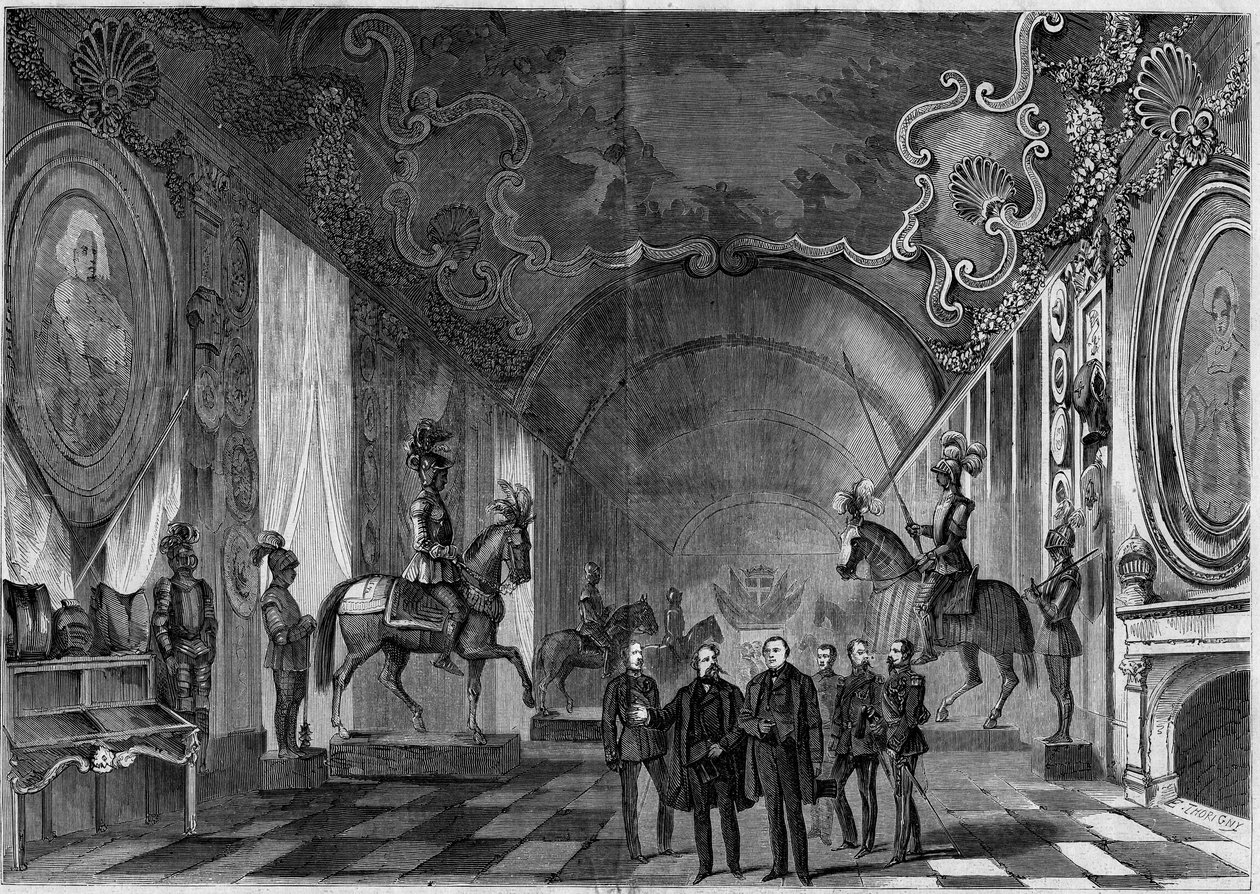 Vista de la sala de armas del Palacio de Turín (Italia) durante la visita del Rey Víctor Manuel II (Vittorio Emanuele) (1820-1878) y el Príncipe Napoleón (1822-1891) de French School
