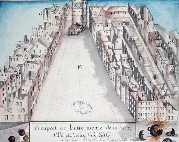 Vista del centro de Brisach después del bombardeo francés en 1793 de French School