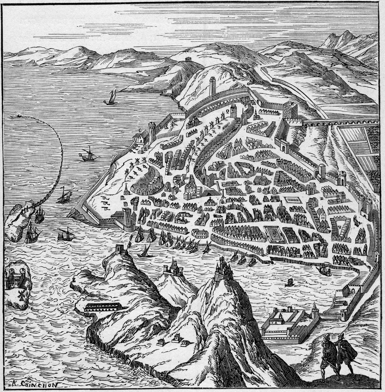 Vista de la ciudad y puerto de Marsella en el siglo XVI. Grabado en 