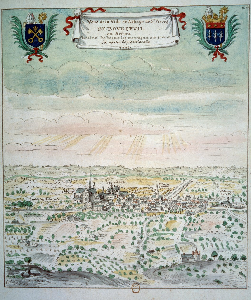 Vista de la ciudad y la abadía de Saint Pierre de Bourgueil de French School