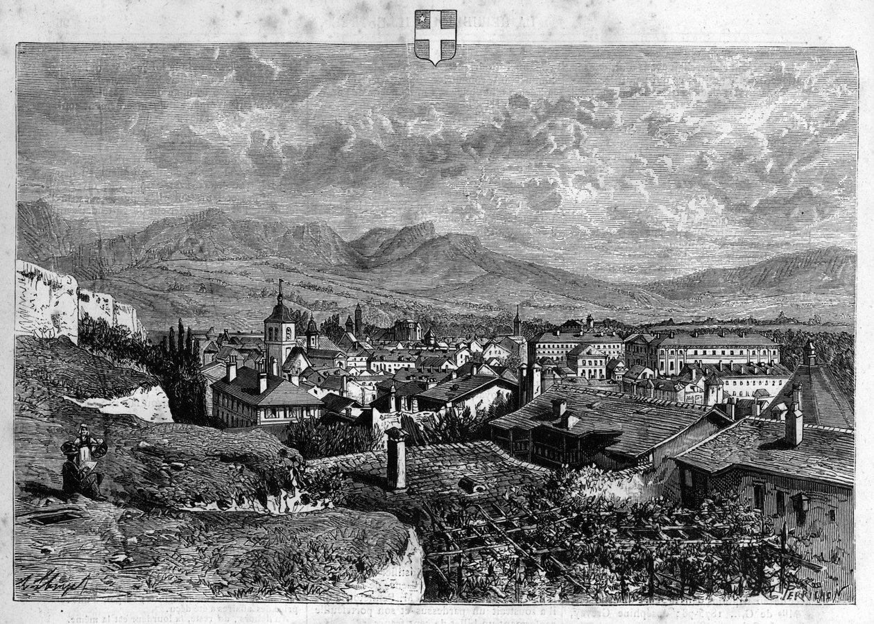 Vista de la ciudad de Chambéry en Saboya. Grabado de 1880 en “La republique illustree” colección privada. de French School