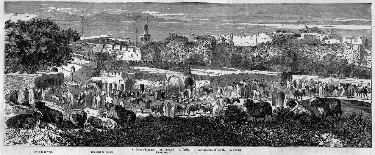 Vista de la ciudad de Tánger (Marruecos), el día de la marcha árabe. Grabado en “Le Monde Illustré” n°129 del 1 de octubre de 1859. de French School