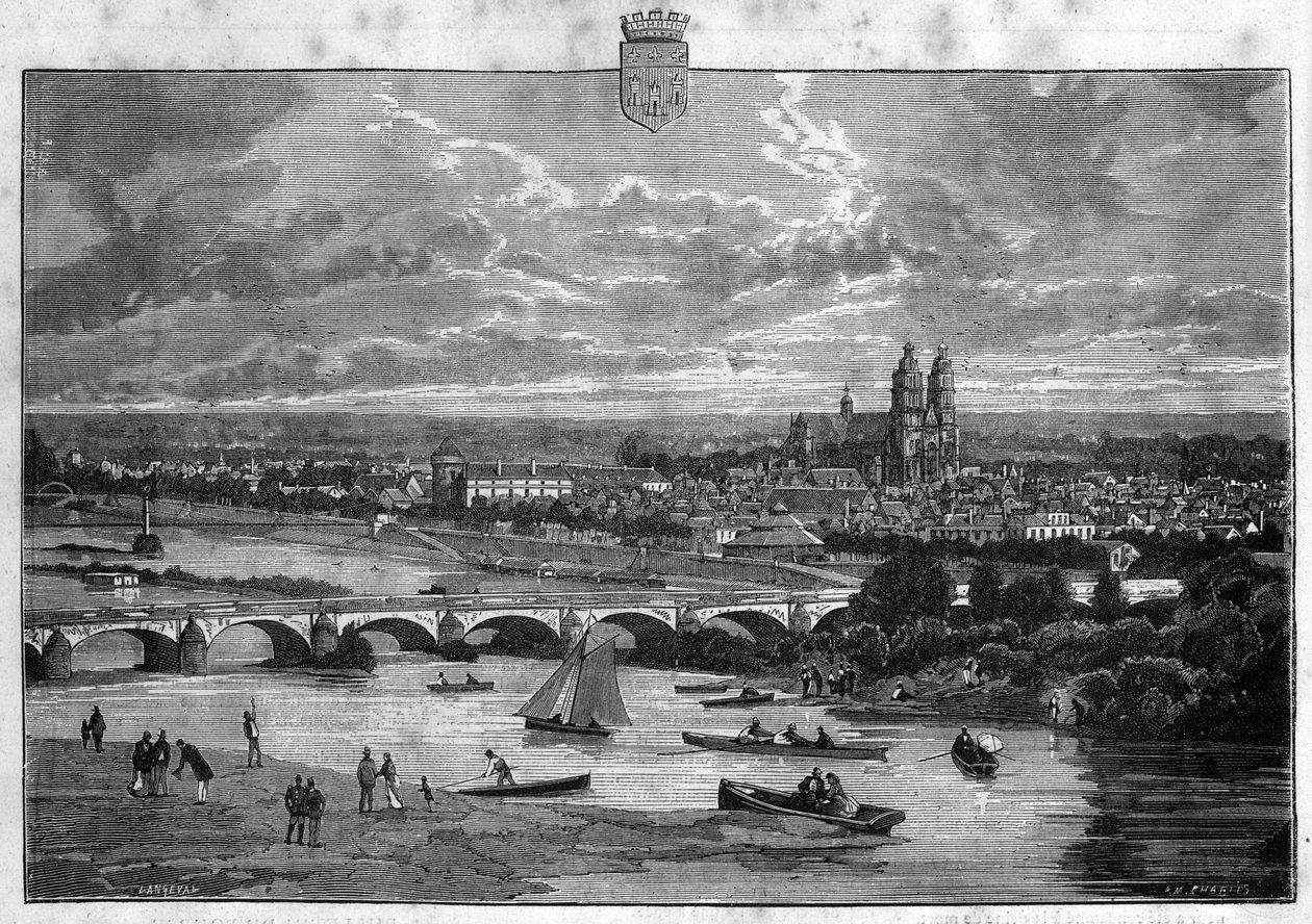 Vista de la ciudad de Tours en el Indre y Loira. Grabado de 1880 en 