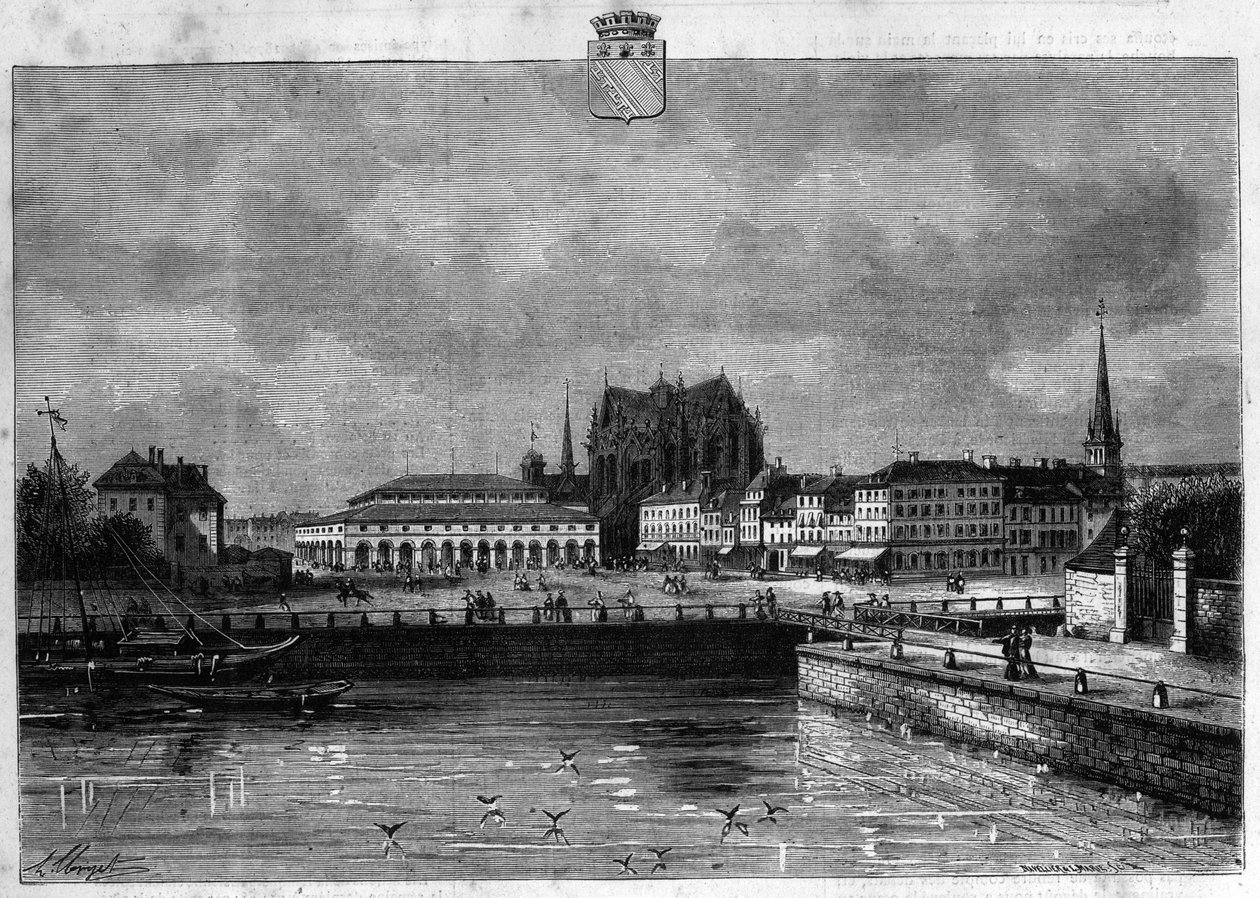 Vista de la ciudad de Troyes en el Alba. Grabado de 1880 en "La república ilustrada" colección privada. de French School
