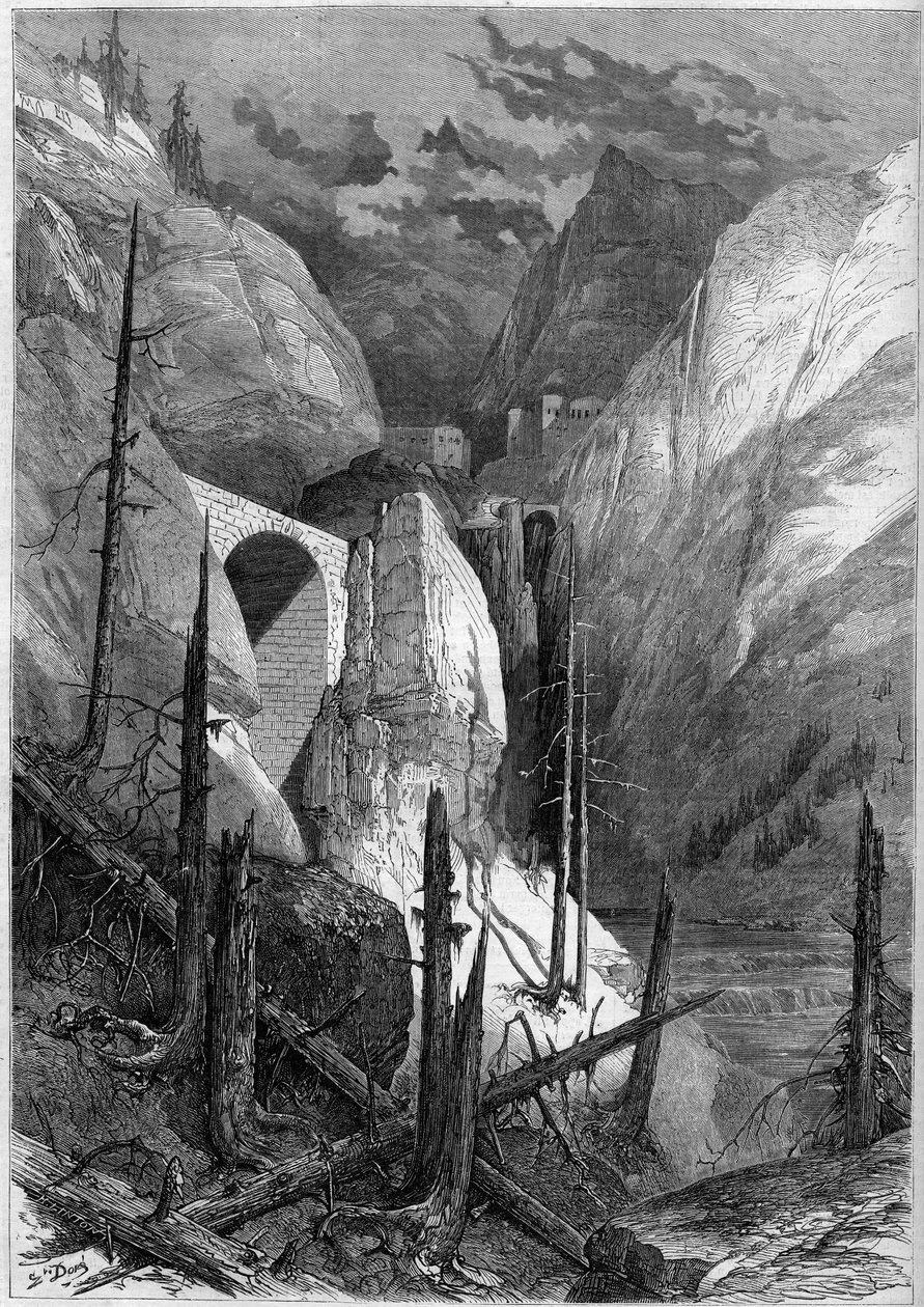 Vista del desfiladero y el fuerte de Finstermunz (1471). Tirol, Suiza de French School