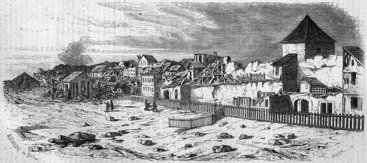 Vista del distrito de la ciudad de Kastrich, en Maguncia (Alemania), después de la explosión del polvorín en 1857. De una fotografía. Grabado en "Le Monde Illustré" n°36 del 19 de diciembre de 1857. de French School