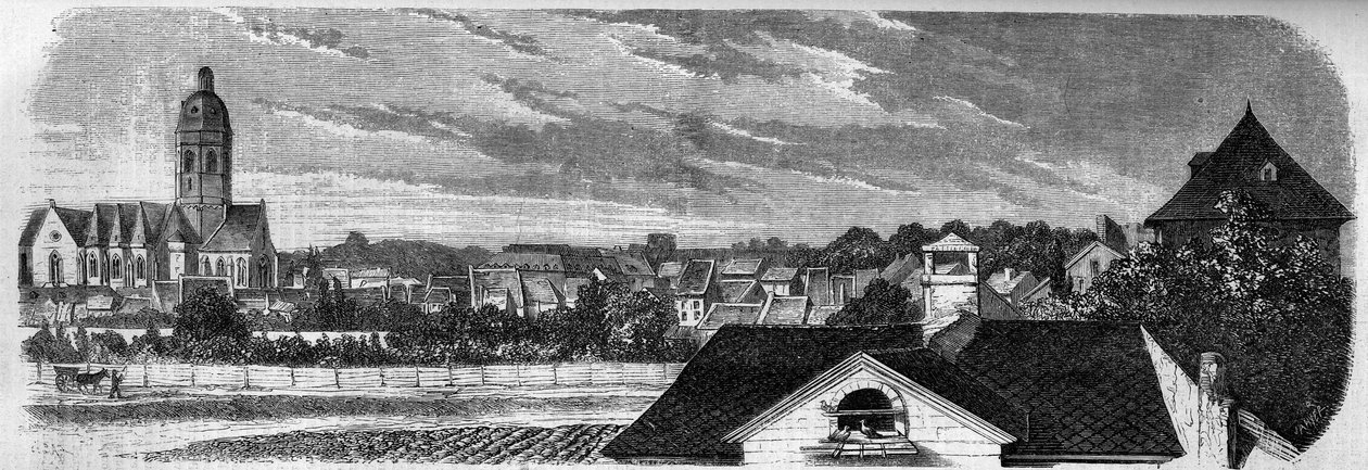 Vista del distrito de la ciudad de Kastrich, en Mainz (Alemania), antes de la explosión del polvorín en 1857. De una fotografía. Grabado en “Le Monde Illustré” n°36 del 19 de diciembre de 1857. de French School