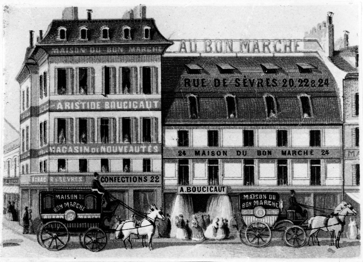 Vista del exterior de las tiendas Bon Marché, rue de Sèvres, París, c.1869 de French School
