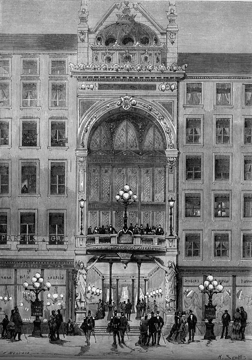 Vista de la fachada del teatro Bellecour en Lyon, construido por Jules Chatron en 1879. Grabado en "Le Monde Illustré" n°1176 del 11 de octubre de French School