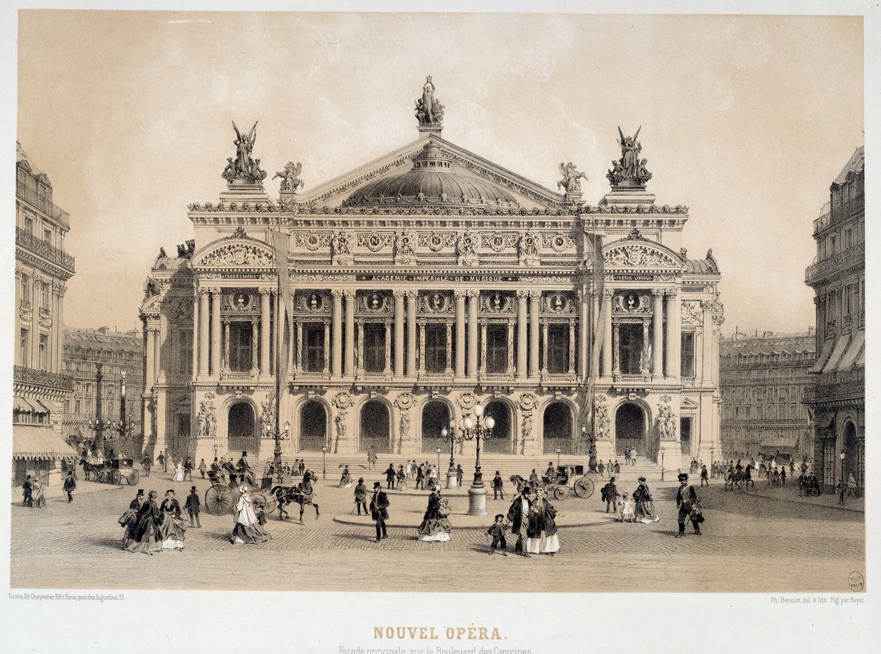 Vista de la fachada de la Ópera Garnier en París con vista al Boulevard des Capucines. Acuarela del siglo XIX. París, Museo Carnavalet de French School