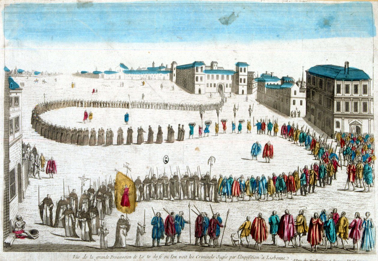 Vista de la gran procesión del auto de fe donde vemos a los criminales juzgados por la Inquisición en Lisboa de French School