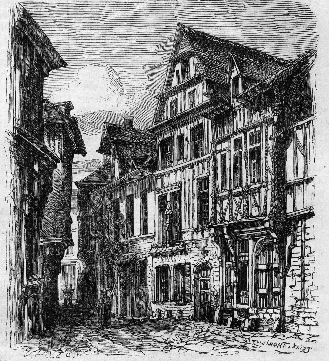 Vista de la casa ubicada en la rue de la Pie, en Rouen, donde nació Pierre Corneille. Grabado en 
