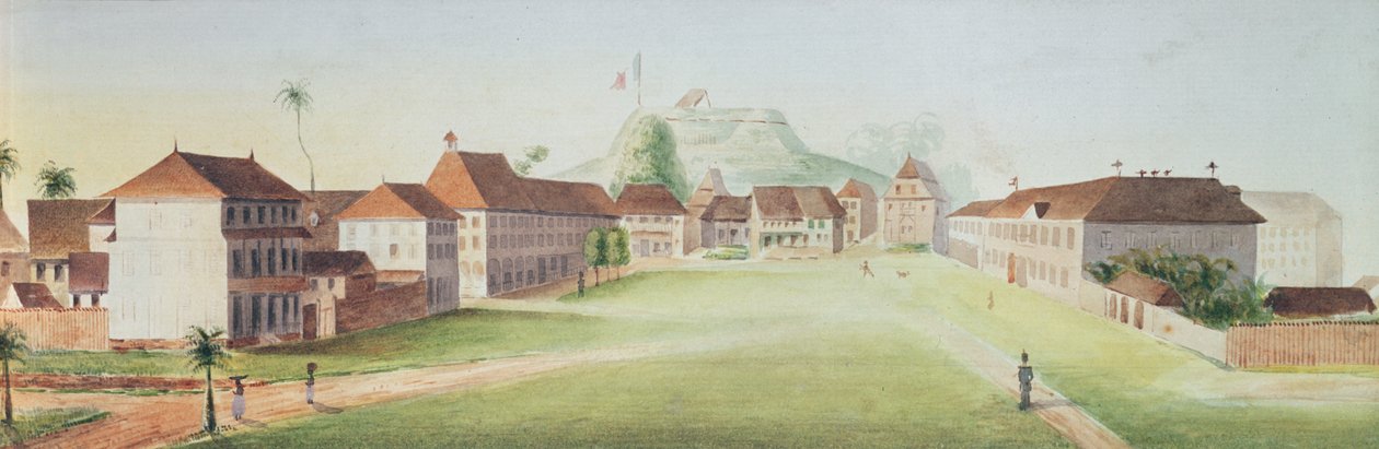 Vista de los cuarteles de infantería en Cayena, Guayana Francesa, c. 1840 de French School