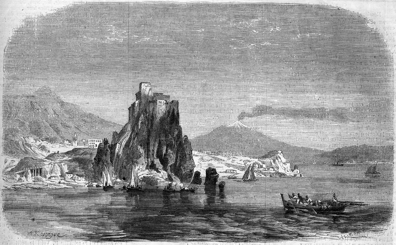 Vista de las rocas de Caribdis y Escila en el Estrecho de Mesina, Sicilia de French School