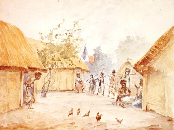 Pueblo en Madagascar en la época de su conquista por Francia en 1895-96 de French School
