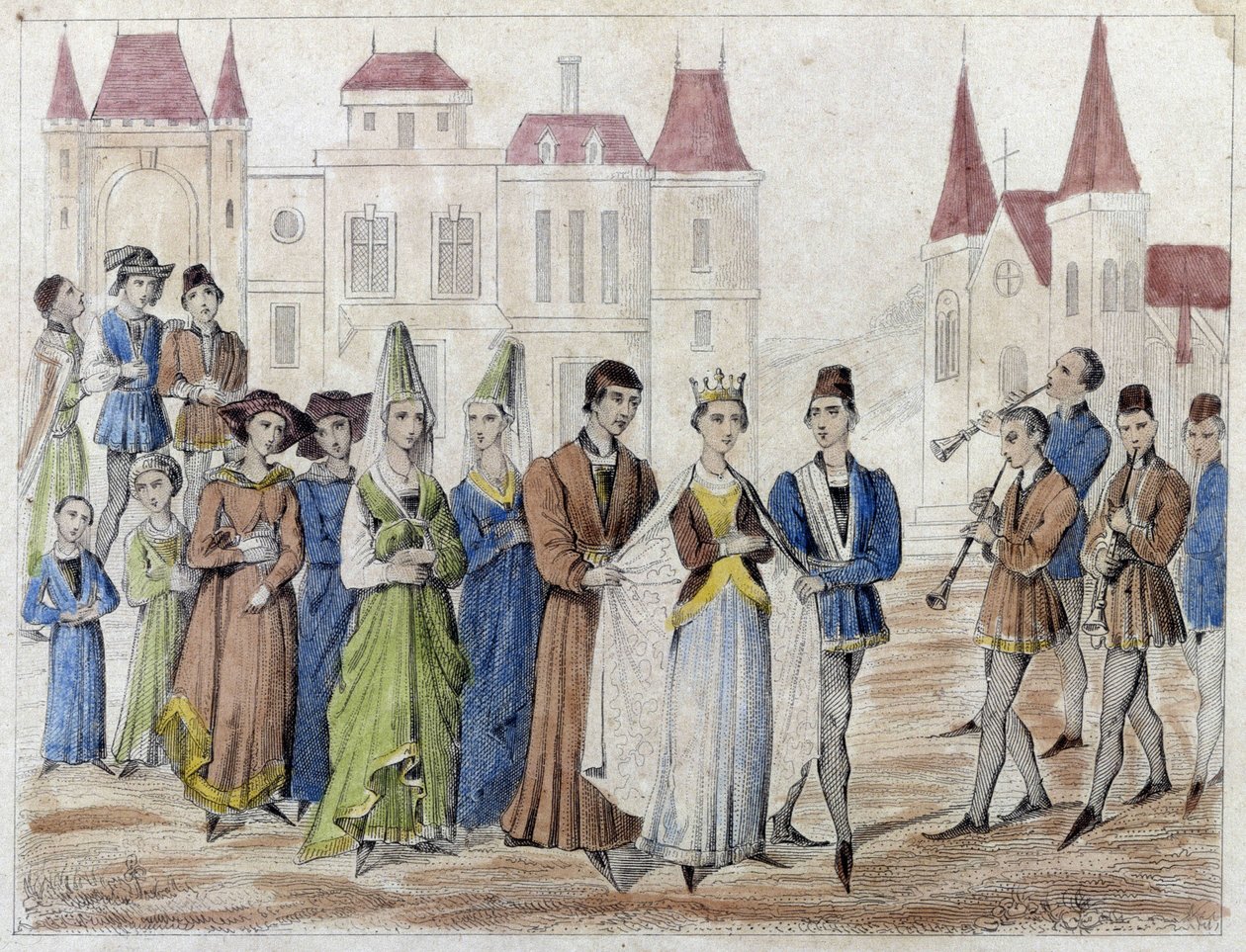 Boda en el pueblo bajo Carlos V - Grabado del siglo XIX. de French School