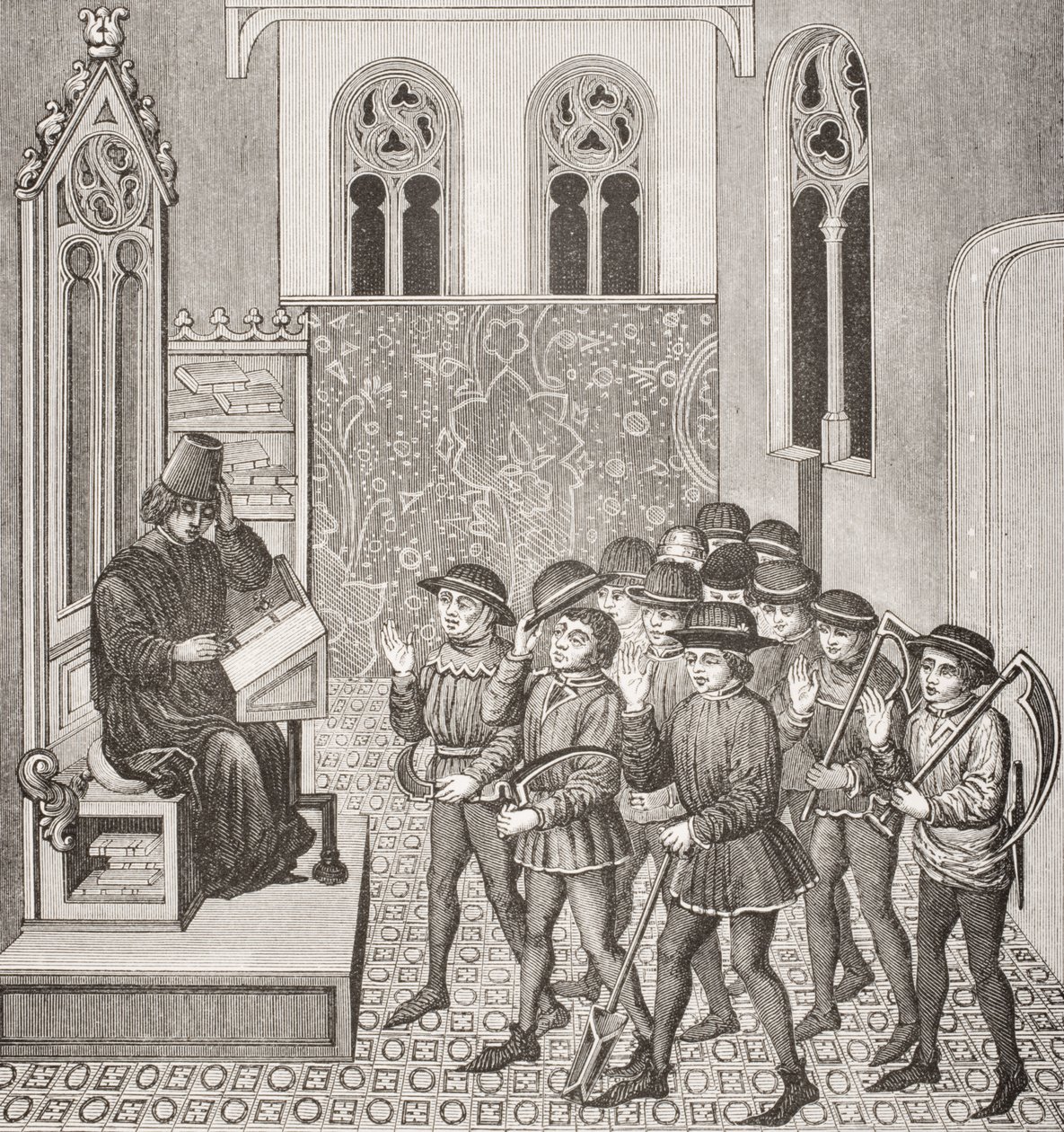 Villanos recibiendo las órdenes de sus señores antes de ir a trabajar, después de una miniatura en un manuscrito del siglo XV, de Le Moyen Age et La Renaissance de Paul Lacroix (1806-84) publicado en 1847 de French School