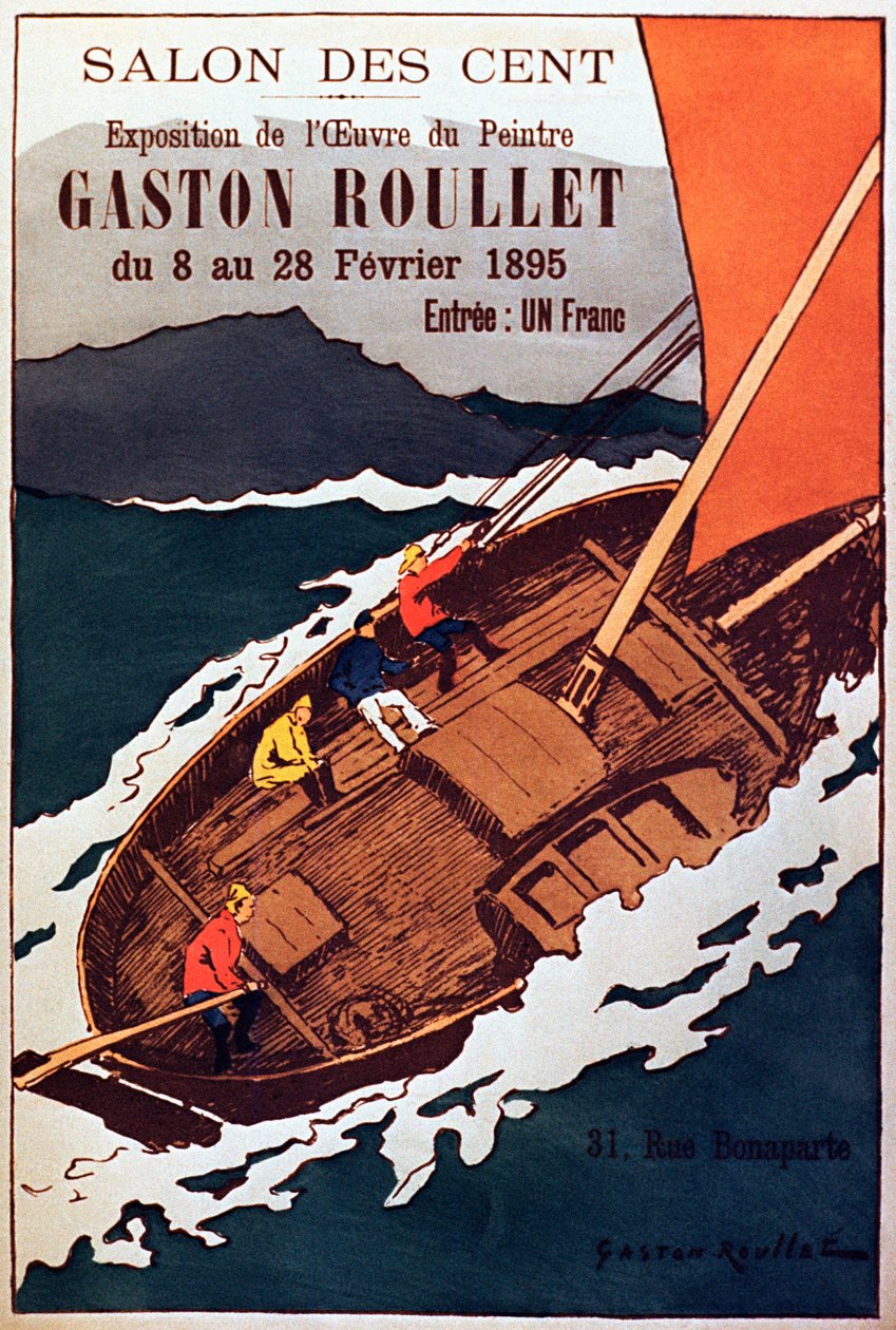 Cartel vintage para exposición de galería de pintura por el artista Gaston Roulette, 1895 de French School