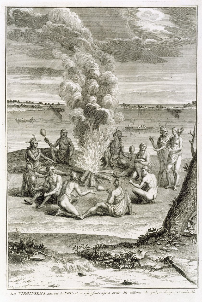 Virginianos Adorando el Fuego y Regocijándose por haber sido Liberados de un Peligro Considerable, ilustración de Ceremonias y Costumbres Religiosas, grabado por Bernard Picart, 1721 de French School