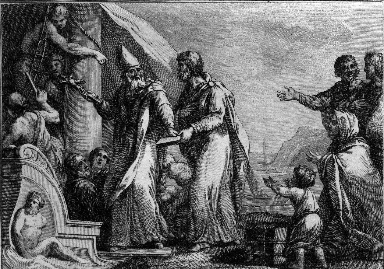 Visita de San Germán de Auxerre a Inglaterra, alrededor del 430: San Germán (alrededor del 378-448), obispo de Auxerre, que vino a combatir el pelagianismo, considerado una herejía. Grabado del siglo XVIII de French School