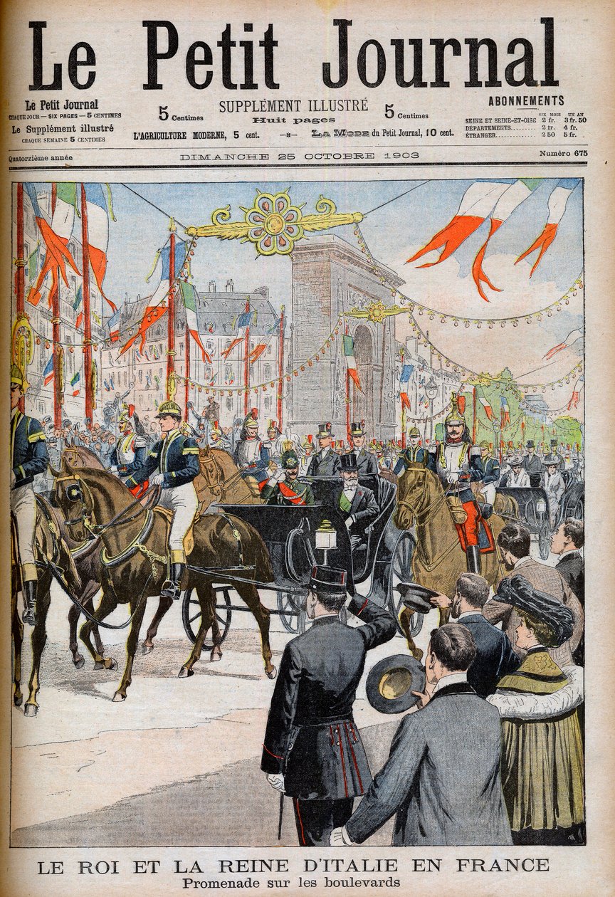 Visita del Rey y la Reina de Italia a Francia. Paseo por los bulevares con el Presidente de la República Francesa Emile Loubet - Ilustración para Le Petit Journal, 25 de octubre de 1903 - Víctor Manuel III de French School