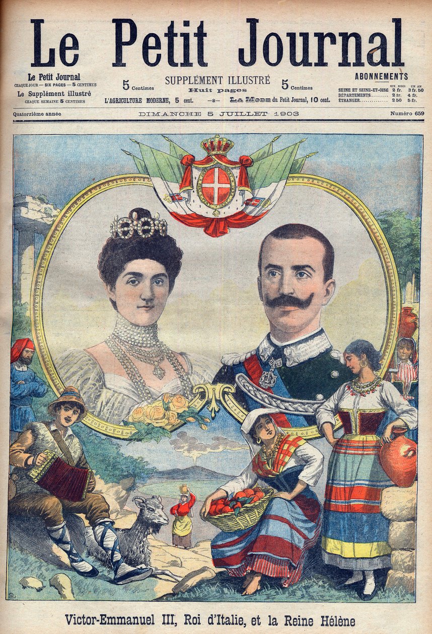 Vittorio Emanuele III di Savoia y Elena di Savoia - Rey Víctor Manuel III y Reina Elena de Italia. Víctor Manuel III, Rey de Italia, y Reina Elena. Ilustración para Le petit Journal, 5 de julio de 1903 de French School