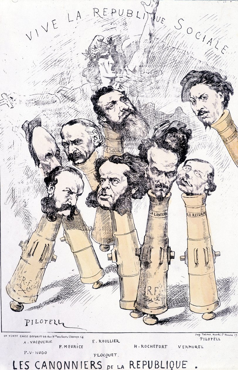 Viva la República social - Los cañoneros de la República: A. Vacquerie, F.V. Hugo, P. Meurice, E. Roullier, Flocquet, H. Rochefort, Vermorel, Pilotell. Caricatura. de French School