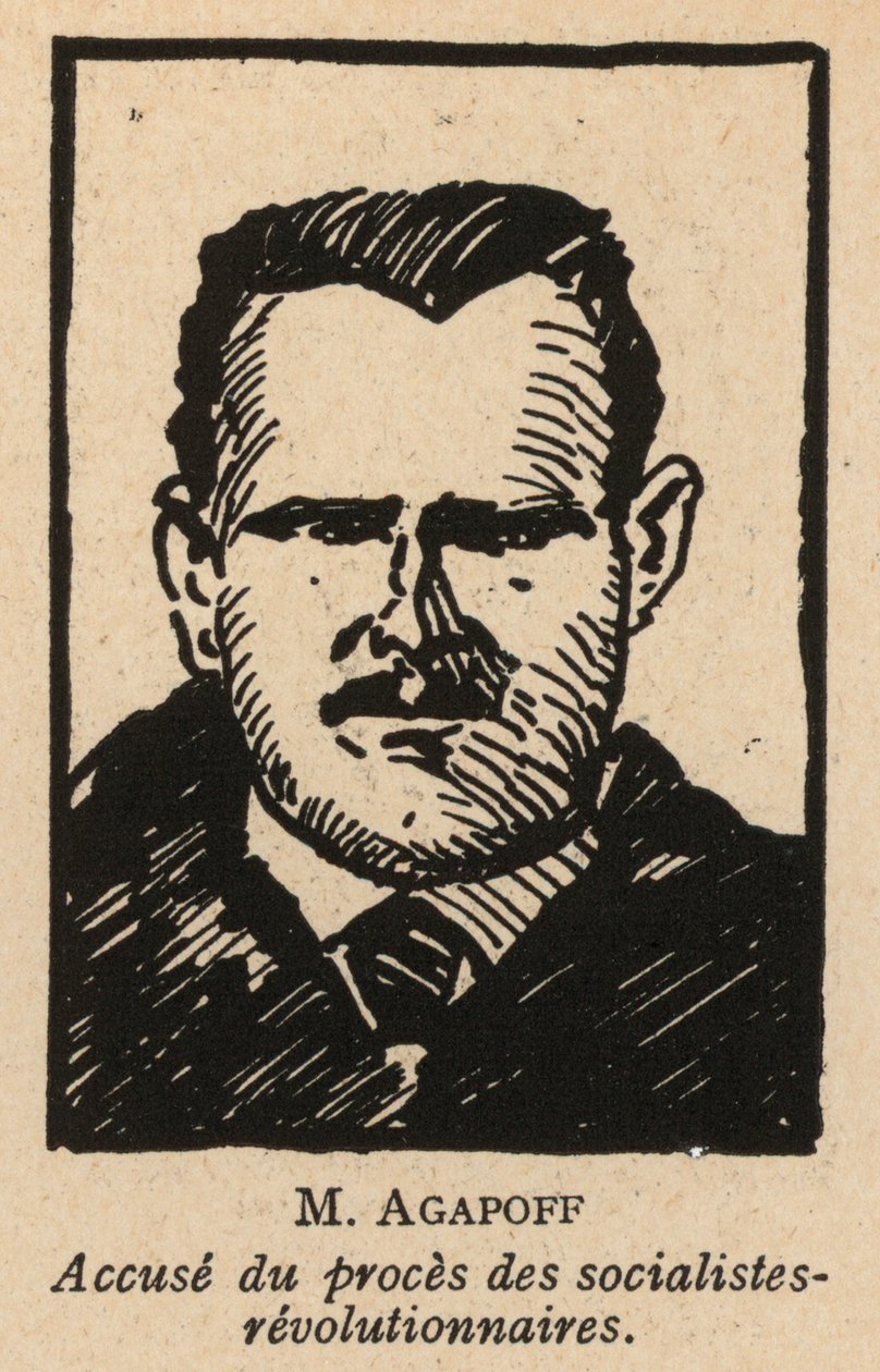 Vladimir Agapov, político revolucionario socialista ruso que fue uno de los acusados en el Juicio de los Revolucionarios Socialistas de Moscú de 1922, el primer juicio espectáculo soviético (lit.) de French School