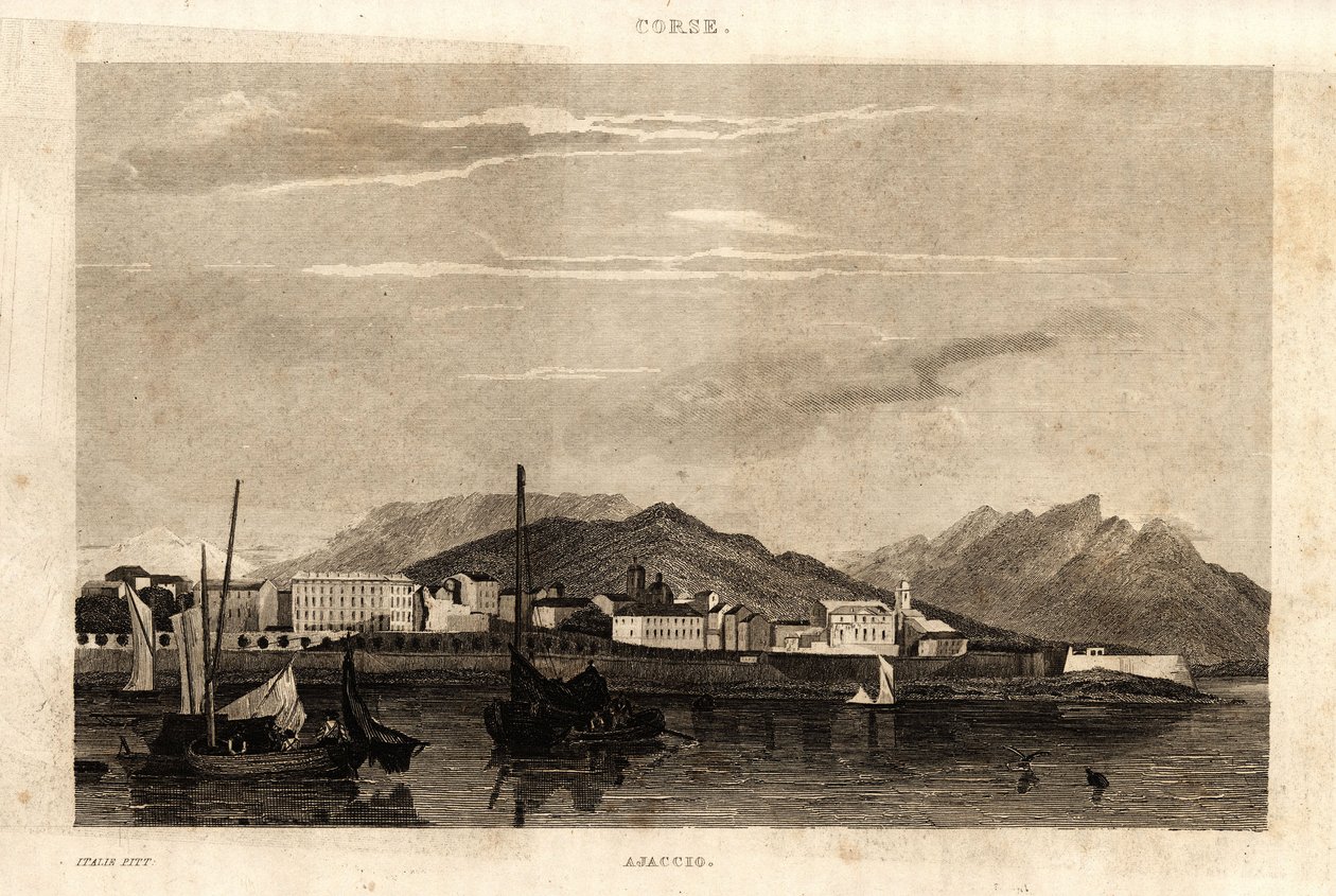 Vista de Ajaccio, Córcega, grabado de 1836 de French School
