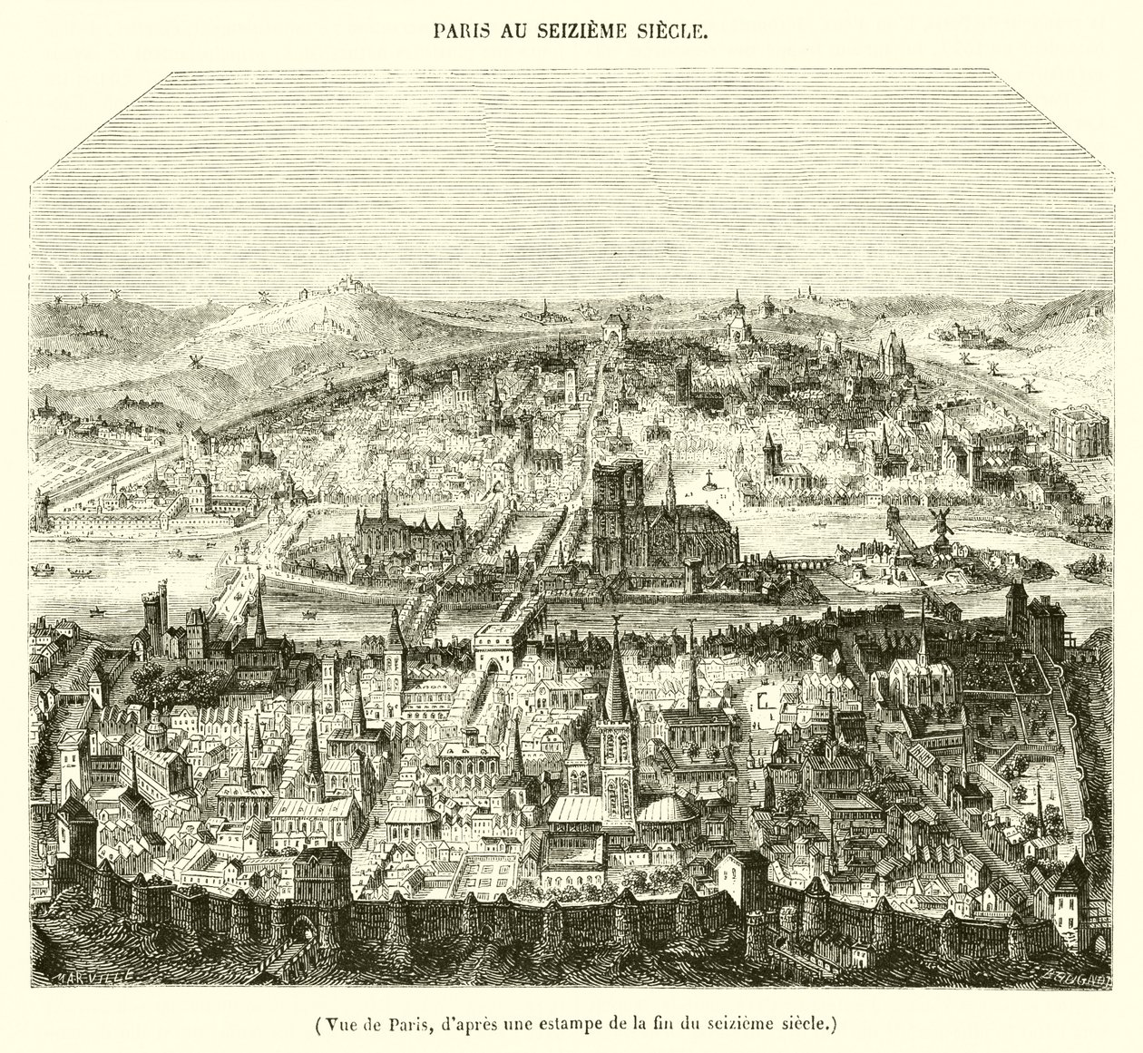 Vista de París, de un grabado de finales del siglo XVI de French School