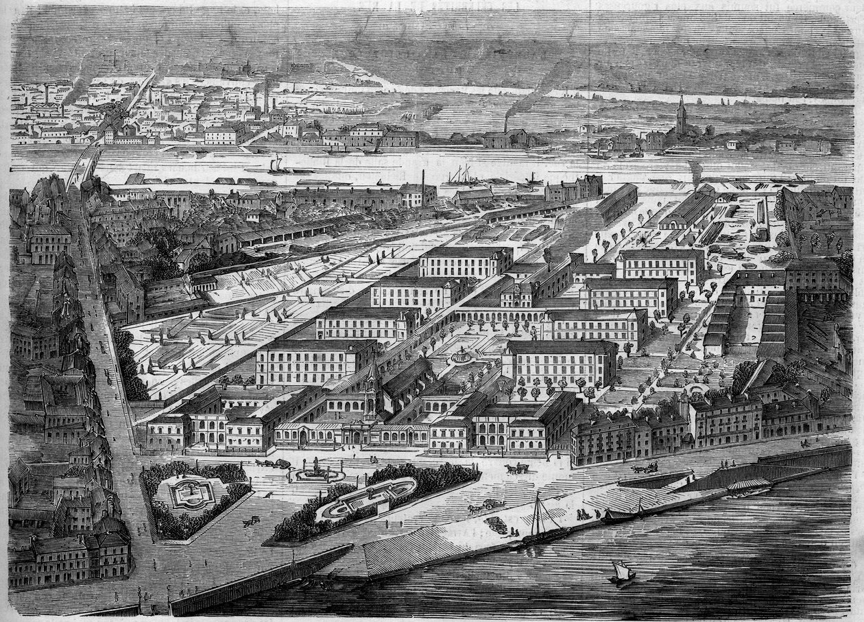 Vista exterior del Hôtel-Dieu en Nantes, inaugurado en 1863. Este hospital será casi completamente destruido durante un bombardeo en 1943. Loira Atlántico (44). Grabado en "Le Monde Illustré" n°347 del 5 de diciembre de 1863. de French School
