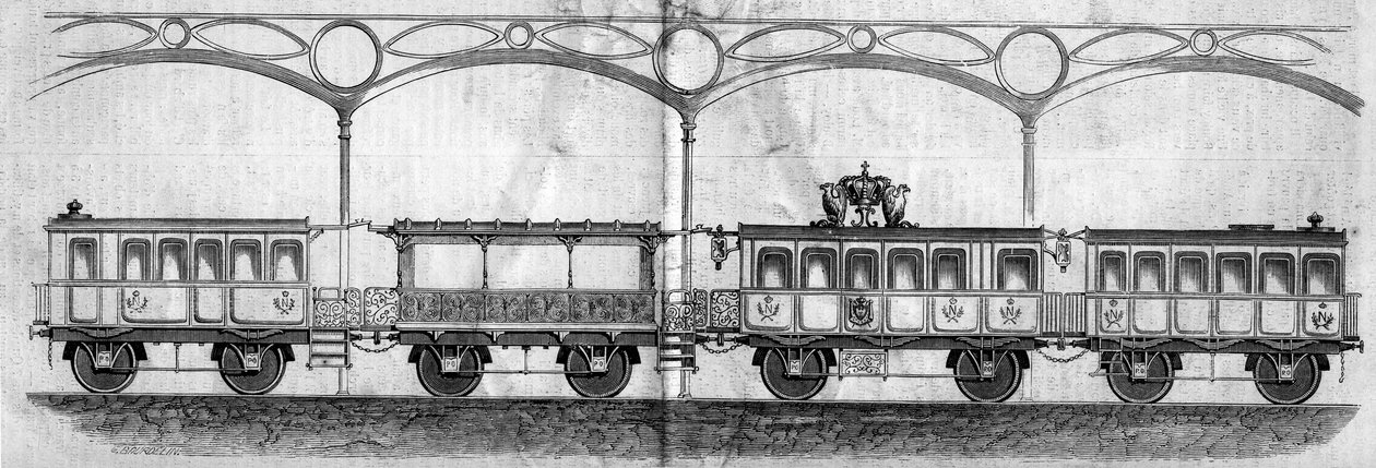 Vagones ocupados por el Emperador Napoleón III (1808-1873) durante el viaje de París a Cherburgo en 1858. Grabado en "Le Monde Illustré" n°70 del 14 de agosto de 1858. de French School
