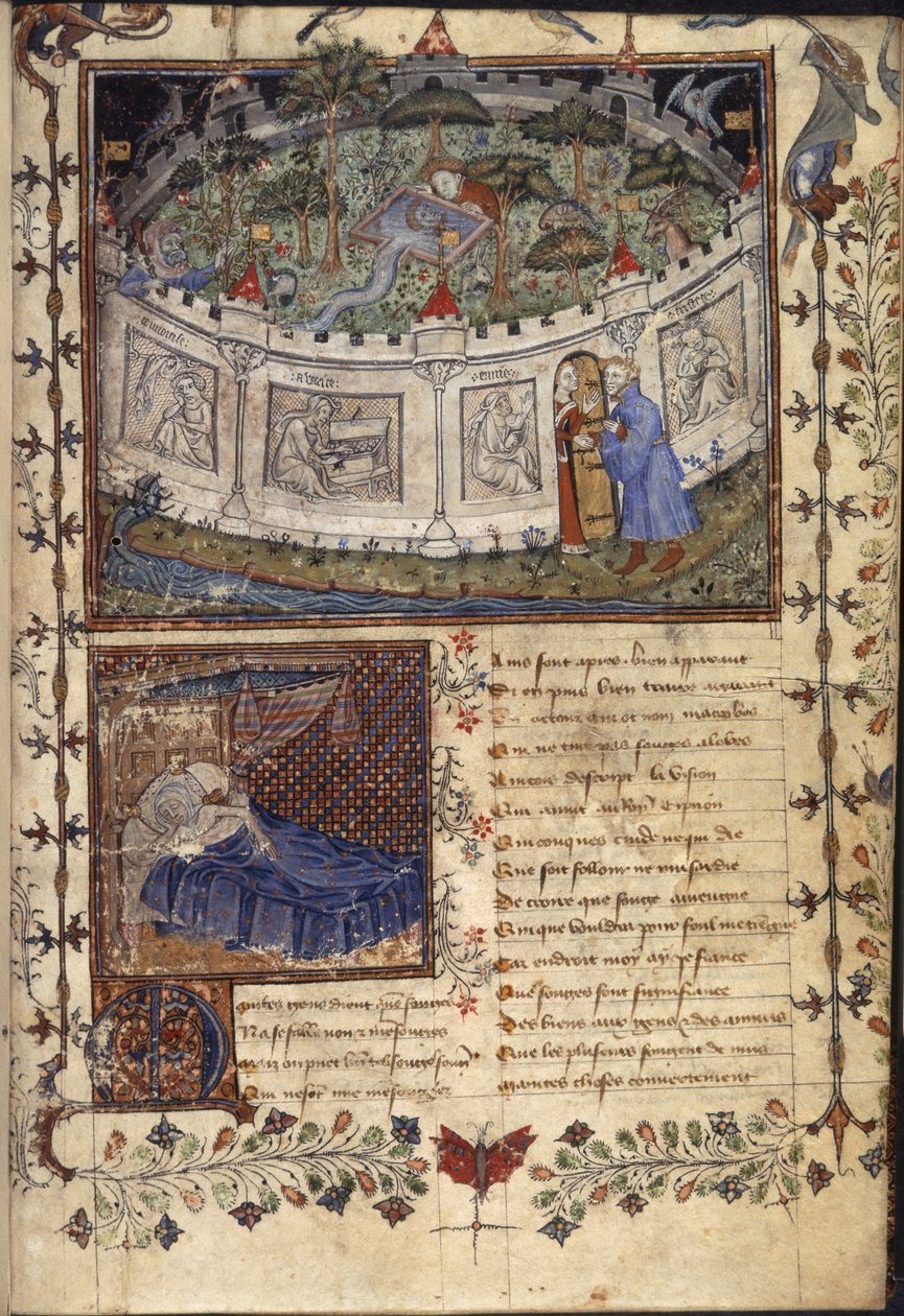 Jardín amurallado de Sir Mirth, de "Le Roman de le Rose, c.1400 (vitela) de French School