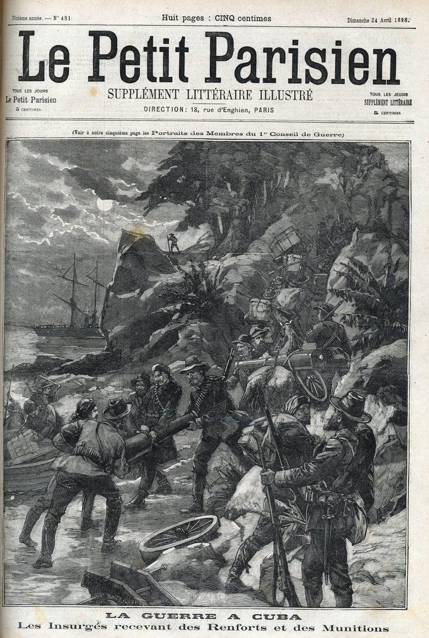 Guerra (de Independencia) en Cuba: Insurgentes recibiendo refuerzos y municiones. Los cubanos se levantaron contra la dominación española en 1895 y la guerra terminó en 1896 con la ayuda de los estadounidenses. "Le Petit Parisien", 24/04/1898. de French School