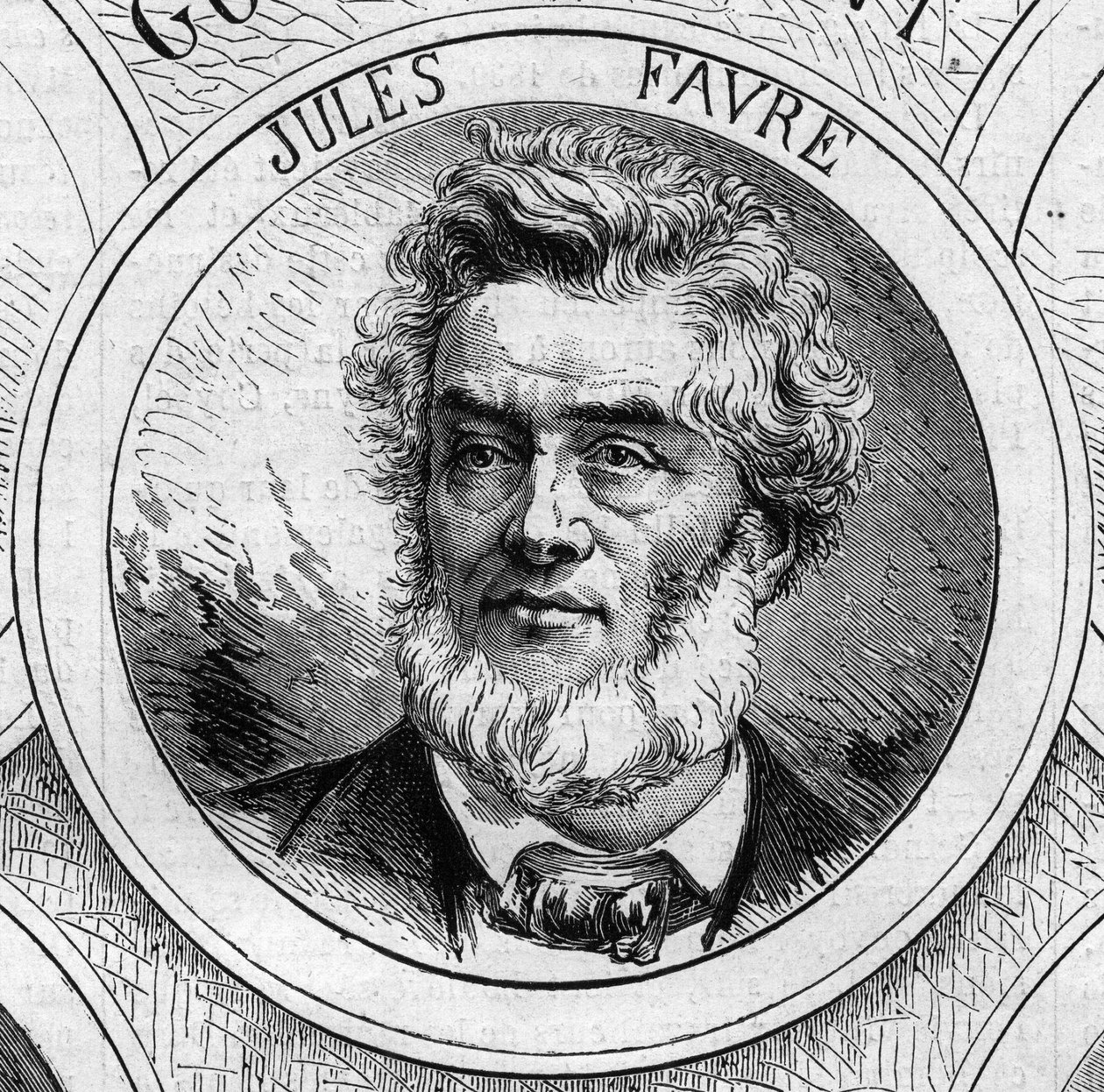Guerra de 1870 - Gobierno de la Defensa Nacional: retrato de Jules Favre (1809-1880), miembro del gobierno provisional de 1870. Grabado en "Le Monde Illustré" n°706 del 22 de octubre de French School