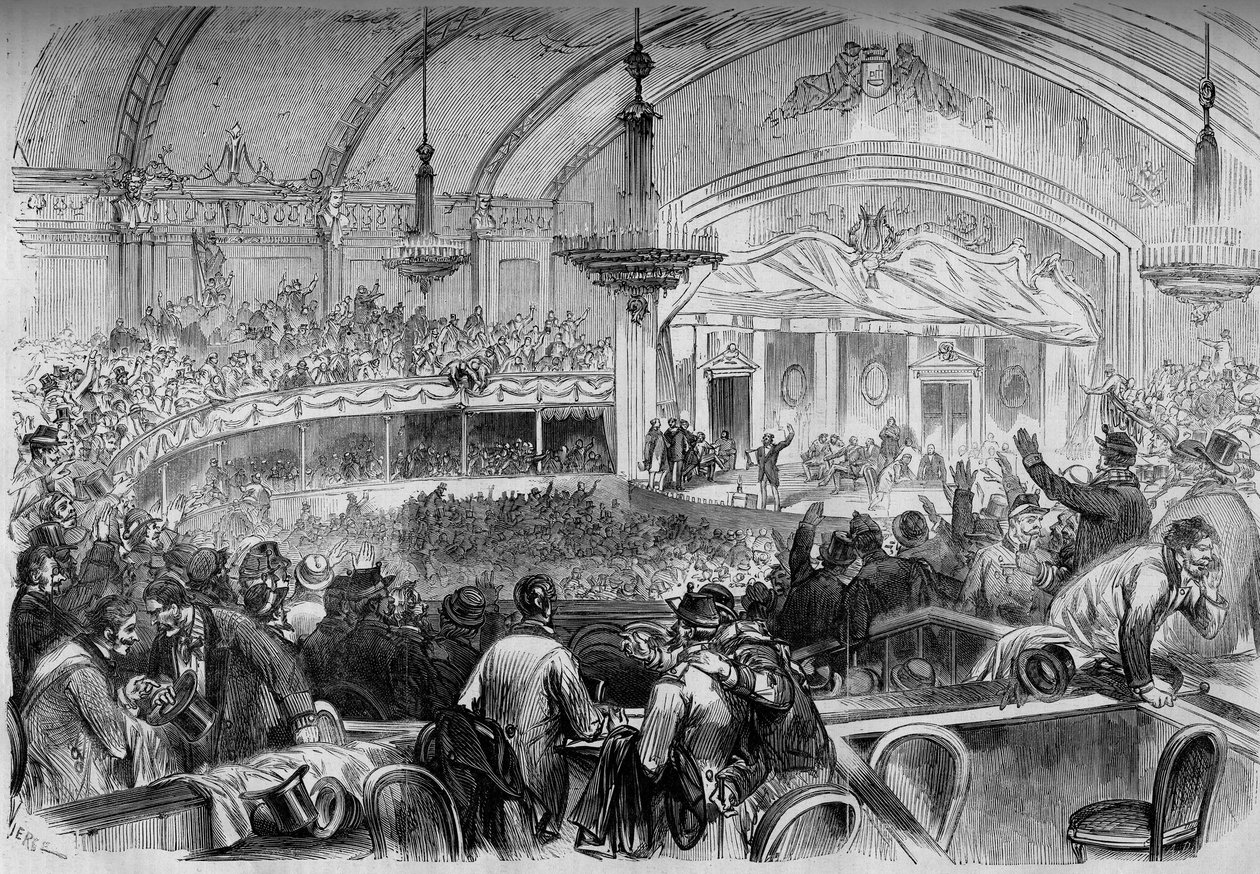 Guerra de 1870 - elección legislativa durante el armisticio - febrero de 1871: reunión electoral en el Cabaret des Folies Bergeres en París para la proclamación de candidatos a la Asamblea Nacional. Grabado en “Le Monde Illustré” n°722 del 11 de febrero de de French School