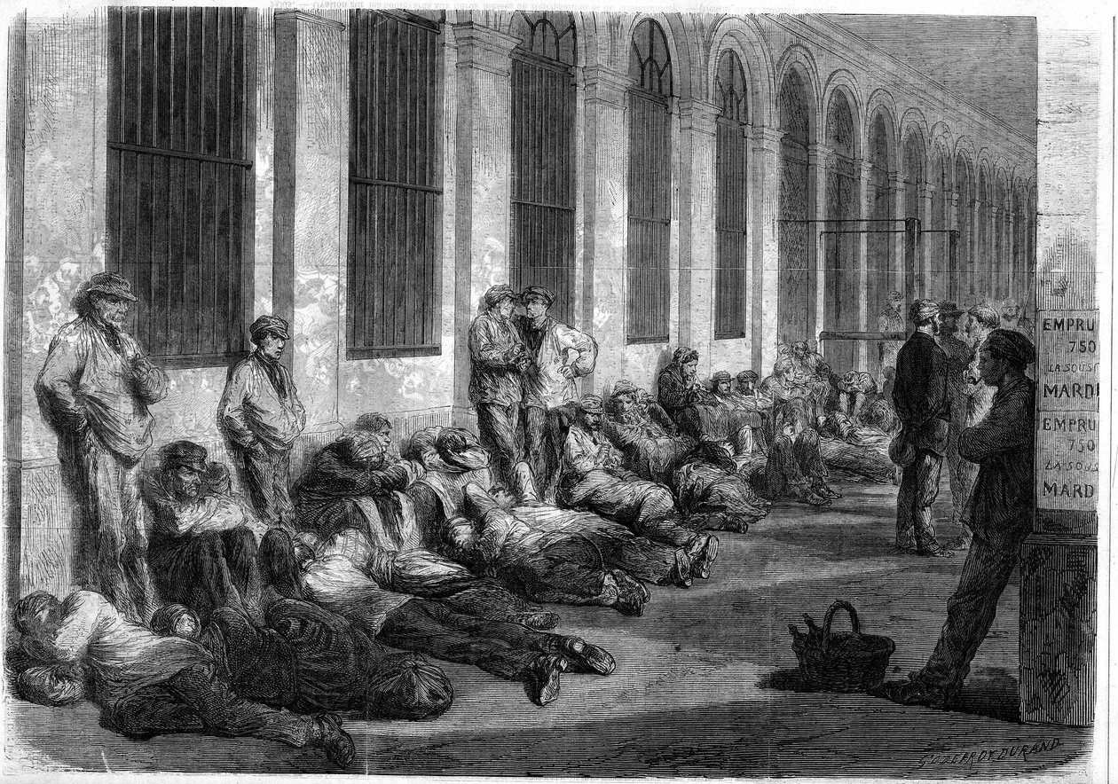 Guerra de 1870: parisinos haciendo fila frente al Ministerio de Finanzas para suscribirse al préstamo nacional para financiar la guerra. Escena que representa el día antes de la apertura de las ventanillas de French School