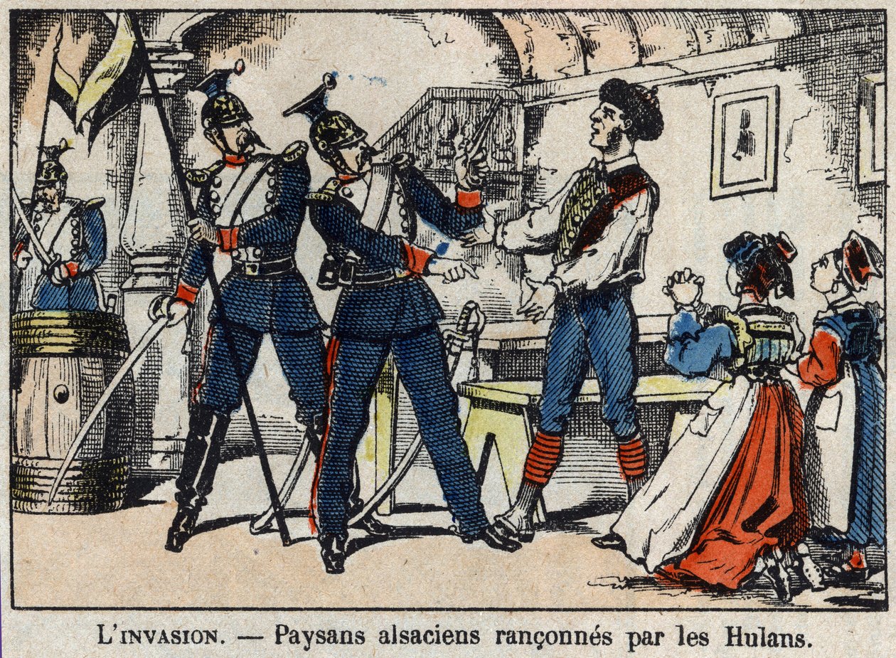 Guerra de 1870 entre Francia y Prusia: campesinos alsacianos extorsionados por los Hulanos (Uhlans, Houlans) imagen de Epinal. de French School