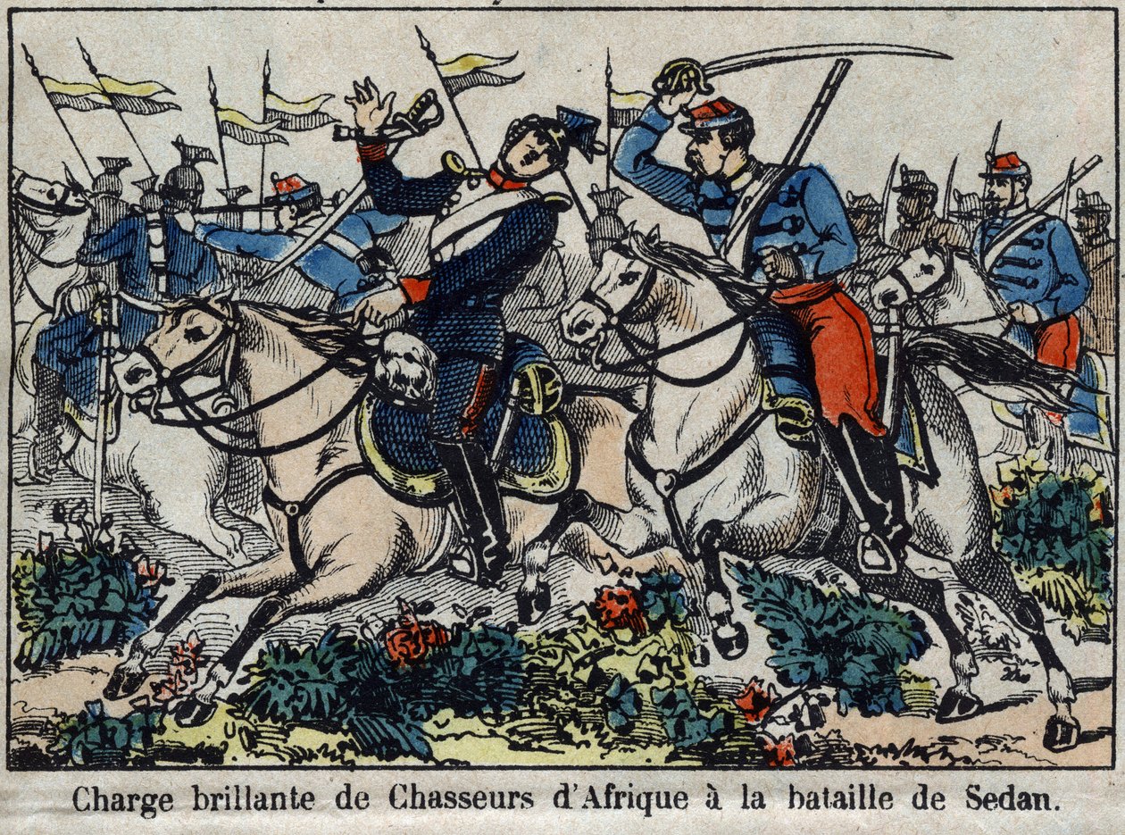 Guerra de 1870 entre Francia y Prusia: carga de cazadores africanos en la Batalla de Sedan en 1870. Imagen de Épinal. de French School