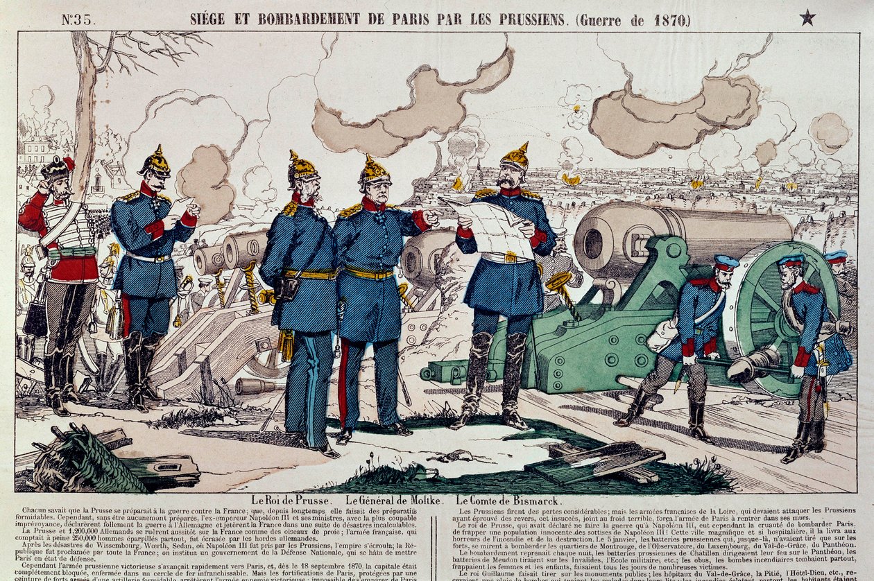 Guerra de 1870: asedio y bombardeo de la ciudad de París por los prusianos. El rey prusiano Guillermo I (1797-1888), el general Moltke (1800-1891) y el canciller Otto von Bismarck (1815-1898) toman consejo. Grabado de 1870. París, Museo Carnavalet de French School