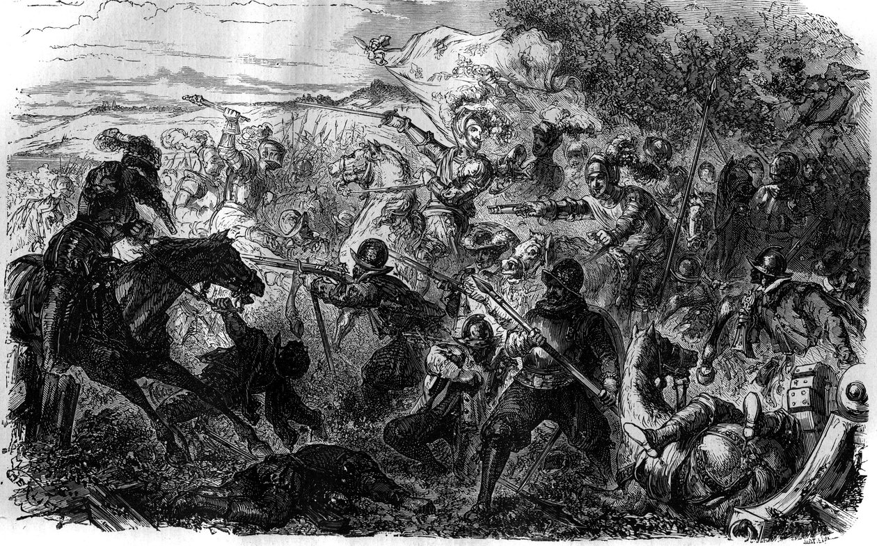Guerra de los Tres Enriques (1585-1586): Siguiendo las ideas de la Liga y su líder Enrique de Guisa, Enrique III se comprometió en el tratado de Nemours firmado el 7 de julio de French School