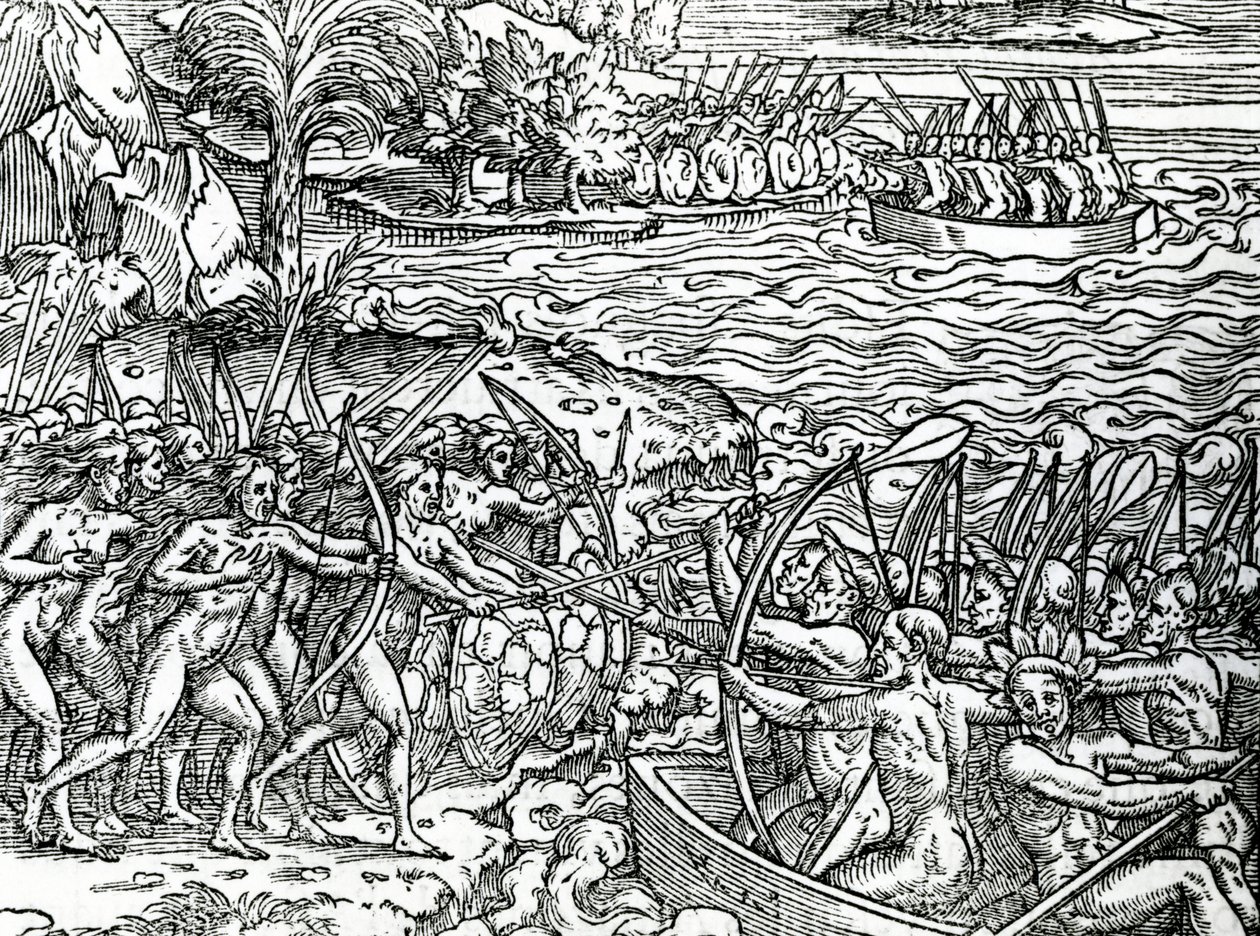 Escena de guerra, Brasil, ilustración de "Singularidades de la Francia Antártica", por André de Thevet, 1558 de French School