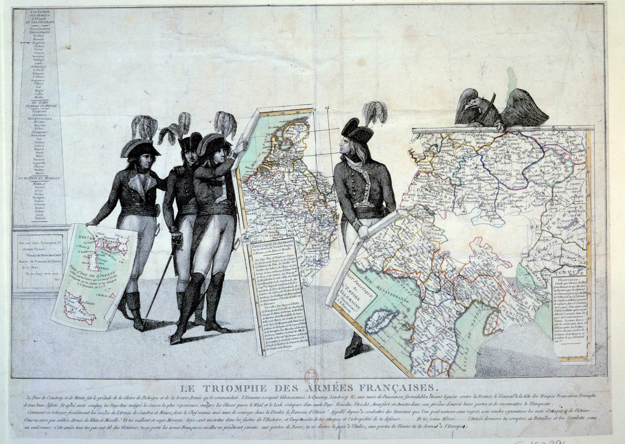 Guerras de la Revolución: General Napoleón Bonaparte (1769-1821) sosteniendo un mapa de Italia (en el momento de la Campaña Italiana) para completar el rompecabezas de los territorios conquistados por Francia. A la izquierda, probablemente los generales Ho de French School