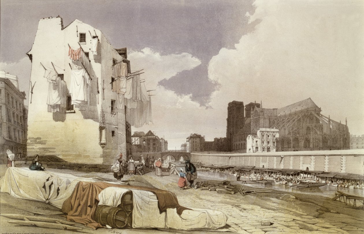 Lavanderas en los lavaderos del Quai Montebello, c.1840 de French School