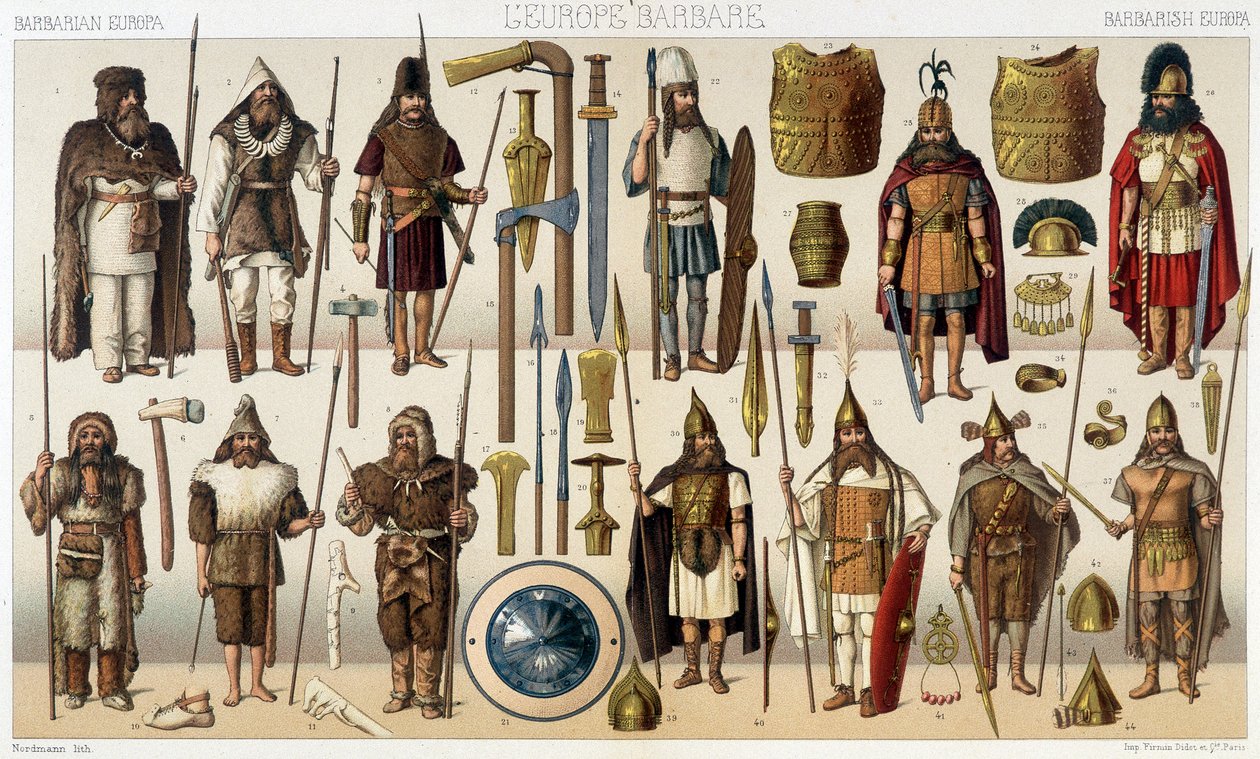 Armas y trajes de la era bárbara - en “El traje histórico” de Racinet de French School
