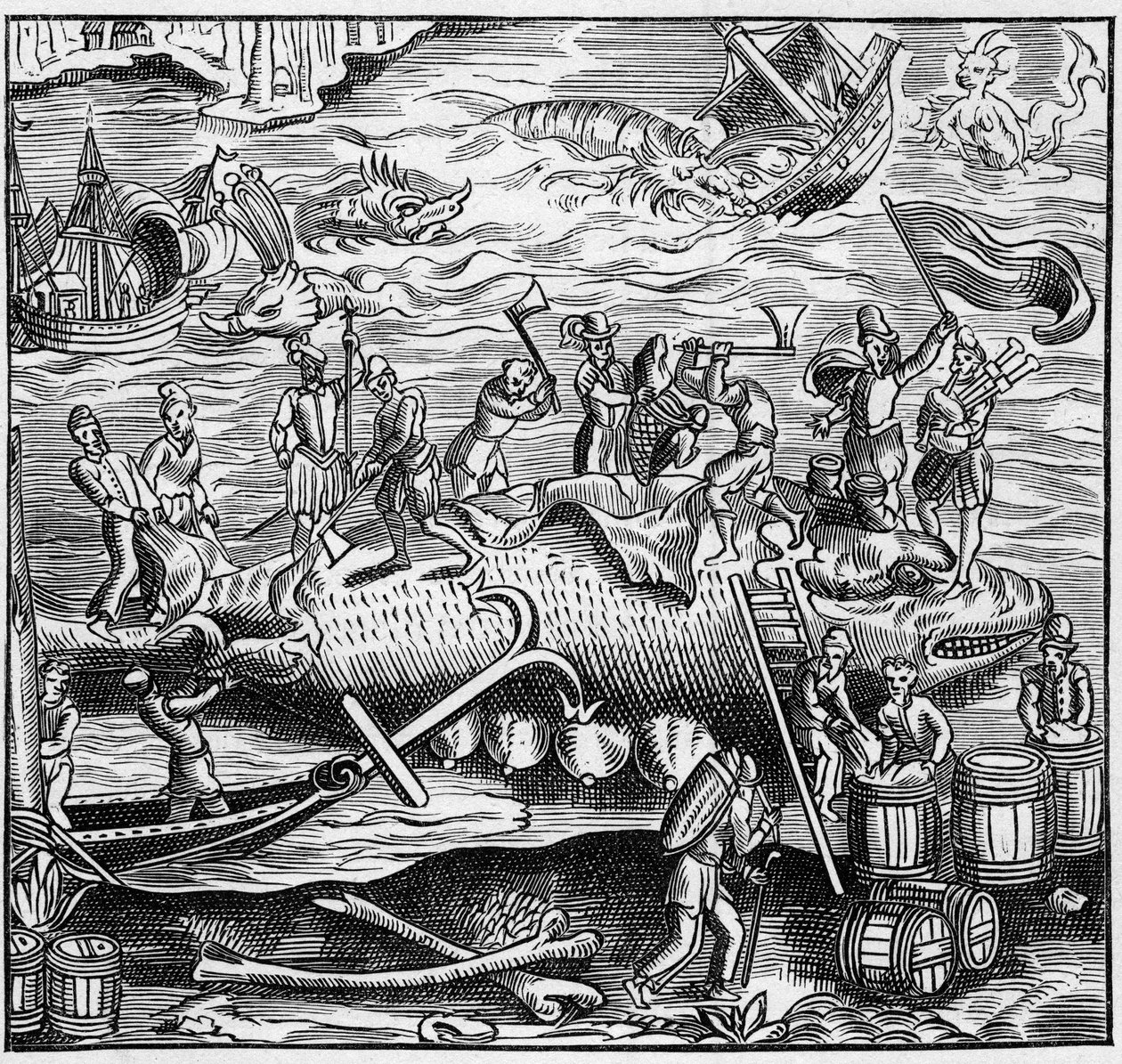 Pesca de ballenas en la costa francesa del Océano Atlántico en la Edad Media. Grabado en “La Marine et les colonies: commerce” de French School