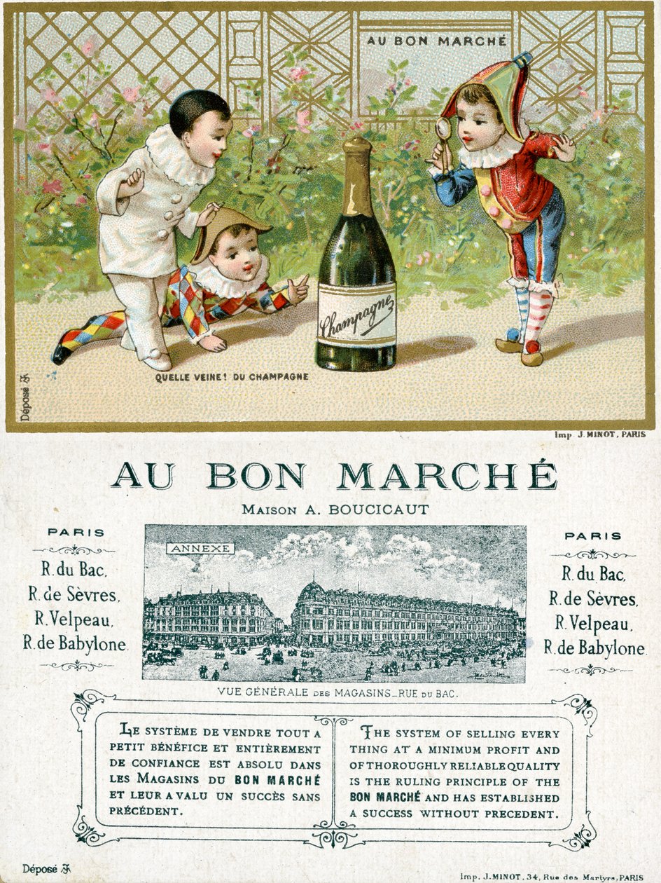 ¡Qué suerte! una botella de champán; anverso y reverso de una tarjeta promocional para los grandes almacenes Bon Marché en París, c.1895 de French School