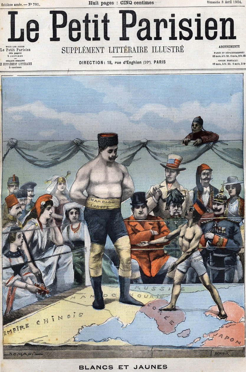 Blanco y Amarillo (caricatura sobre la guerra ruso-japonesa: países como Francia, EE.UU., China... observando a Japón y Rusia boxeando). Portada de Le petit Parisien del 3 de abril de French School