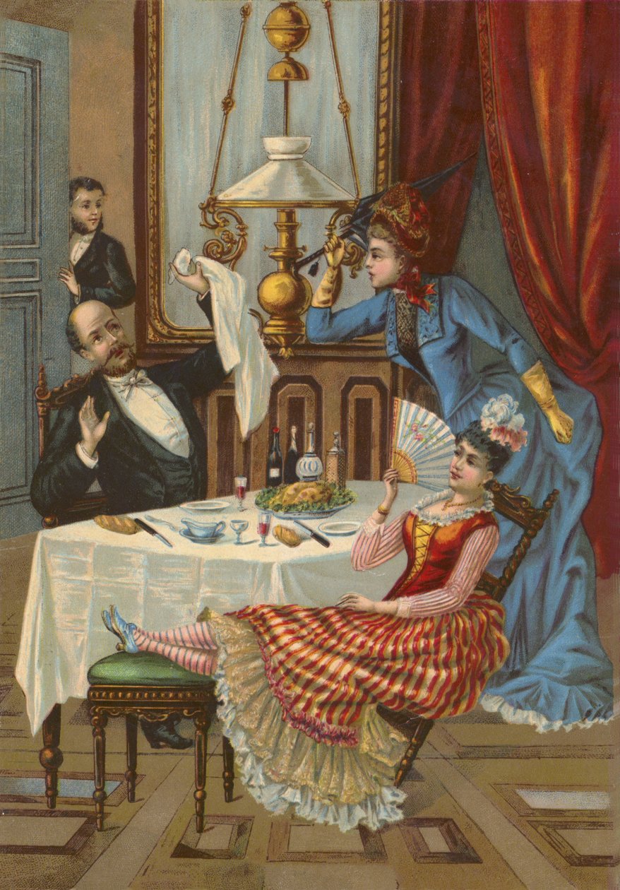 Esposa reprendiendo a su marido por invitar a cenar a su amante (cromolito) de French School